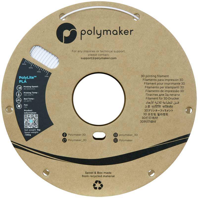 Role hnědého polymerního filamentu Polylite od společnosti Polymaker pro 3D tisk. Obsahuje QR kód, kontaktní informace a podrobnosti o použití.