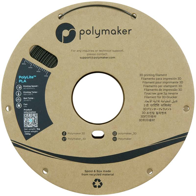 Pohled z všech stran na cívku filamentu pro 3D tiskárnu od společnosti Polymaker, vyrobené z recyklovaného materiálu. Nápis: 'PolyLite PLA', 3D tiskový filament.