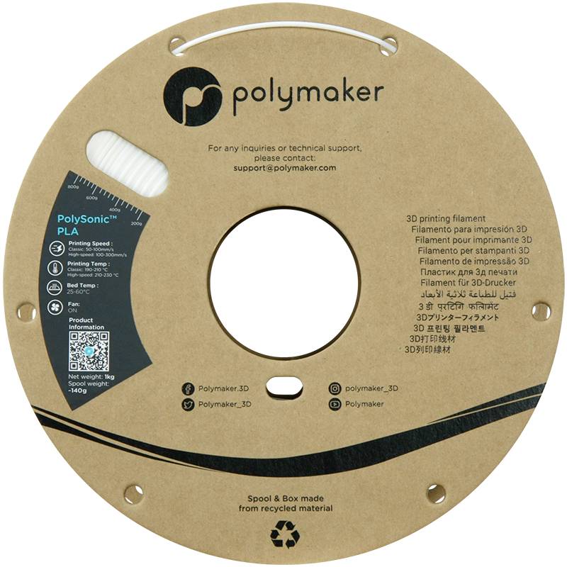 Obal cívky s filamentem pro 3D tisk od společnosti Polymaker, obsahující kontaktní údaje a uživatelské pokyny pro sérii PolySonic PLA.