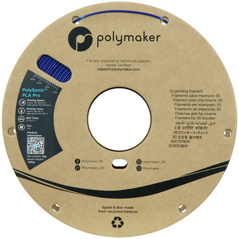 Hnědá cívka Polymaker 3D tiskového filamentu, 1,75 mm, 1 kg. Text na cívce uvádí produktové detaily v několika jazycích.