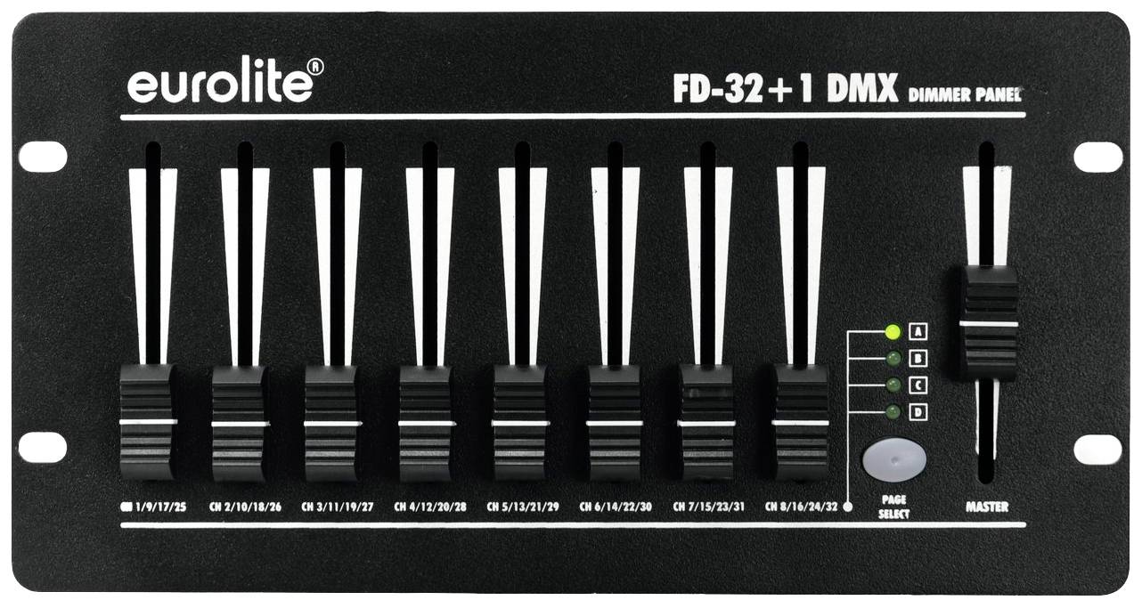 Ovládací panel Eurolite FD-32+1 DMX stmívače s osmi posuvnými ovladači pro řízení osvětlení a funkčními tlačítky v pravé části.