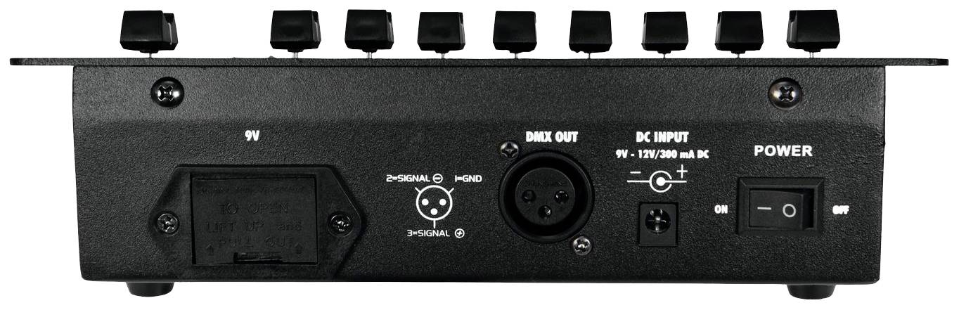 Pohled zezadu na elektronické zařízení s konektory: DMX OUT, DC INPUT, vypínač POWER a zdířka pro sluchátka.