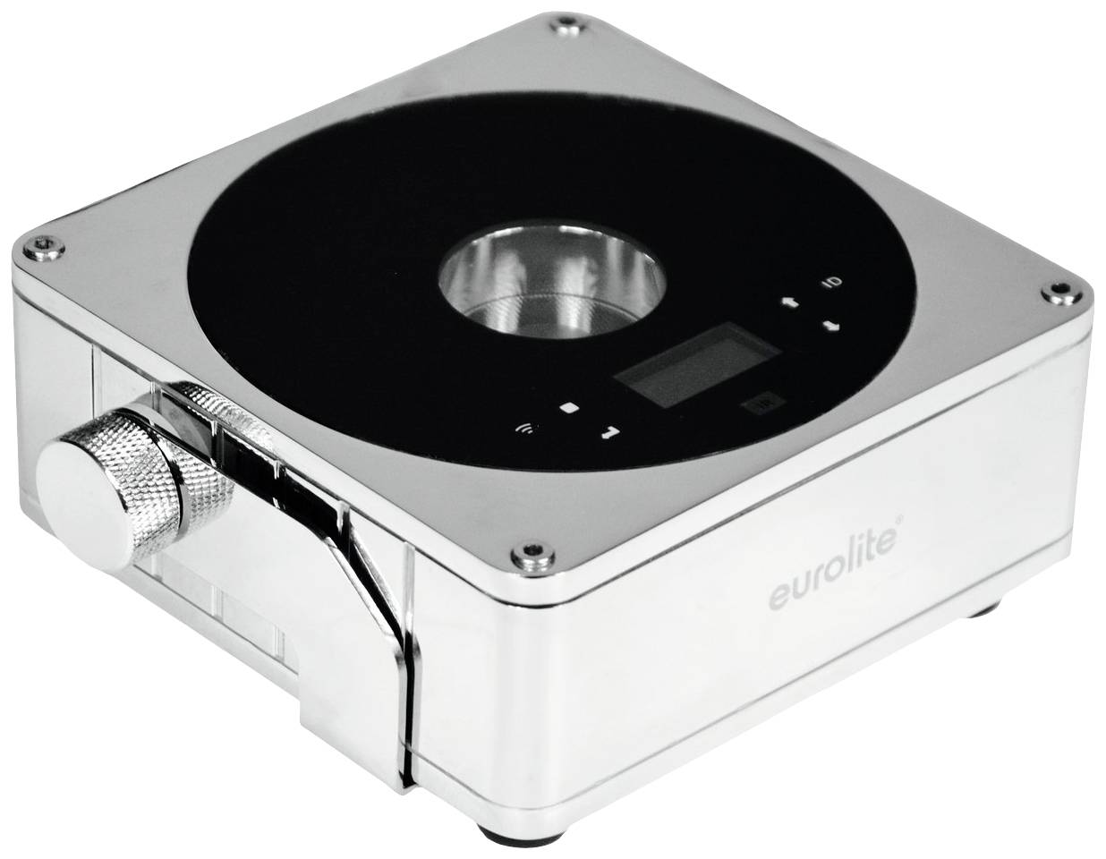 Obdélníkové kovové zařízení s černým povrchem a ovládacími tlačítky. Otočný ovladač na straně. Označení 'eurolite'.