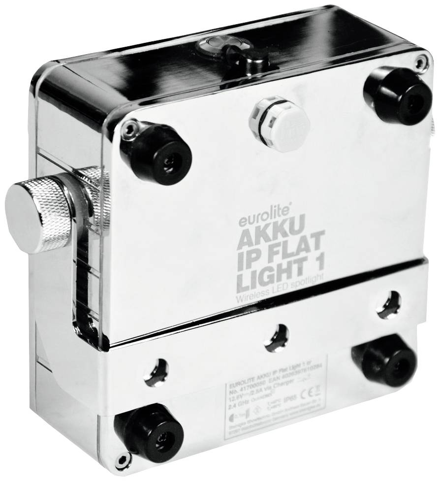 Kovový kryt akumulátorového světla se čtyřmi tlačítky s nápisem 'eurolite AKKU IP FLAT LIGHT 1'.