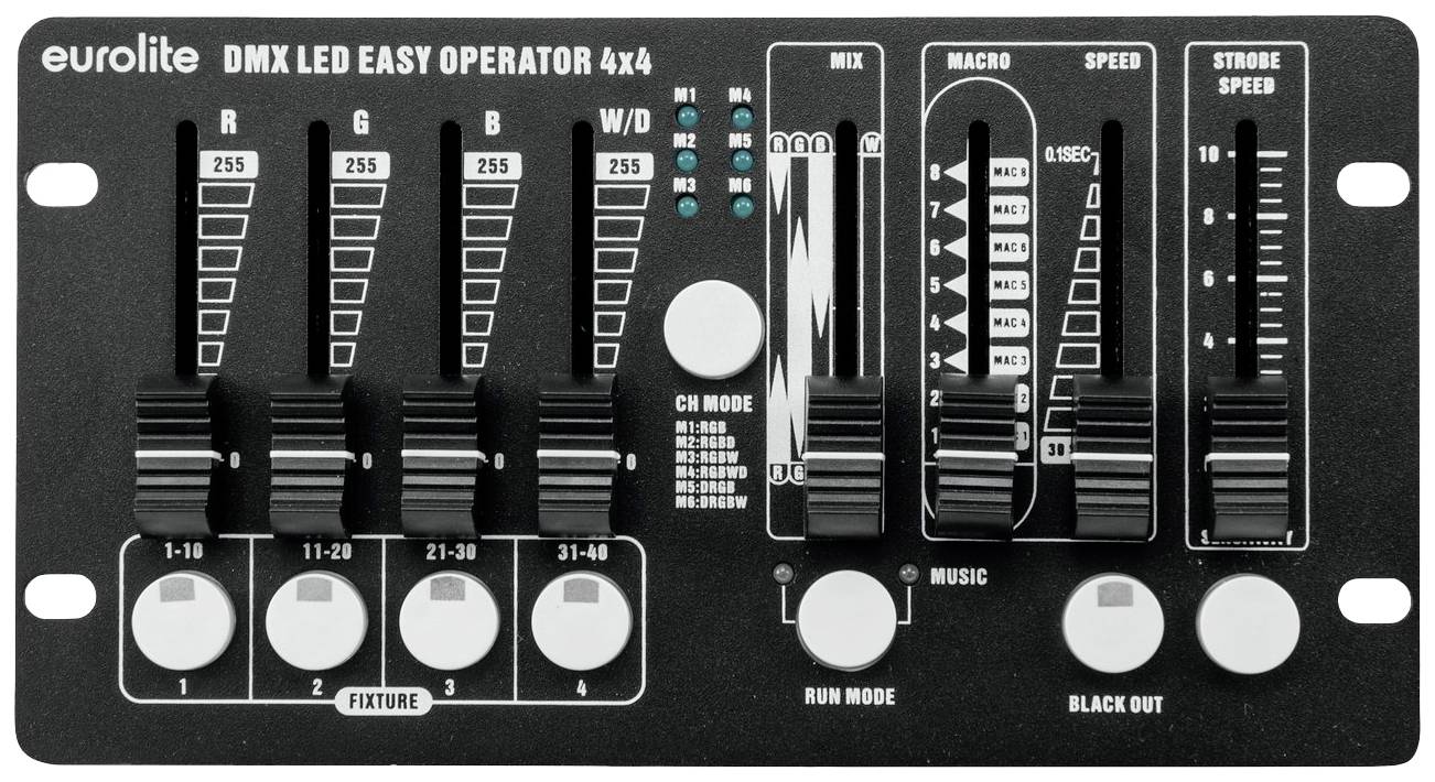 'Eurolite DMX LED Easy Operator 4x4' světelný kontrolér se slidery pro červenou, zelenou, modrou a bílou barvu, včetně módů pro Mix, Macro, Rychlost a Stroboskop.
