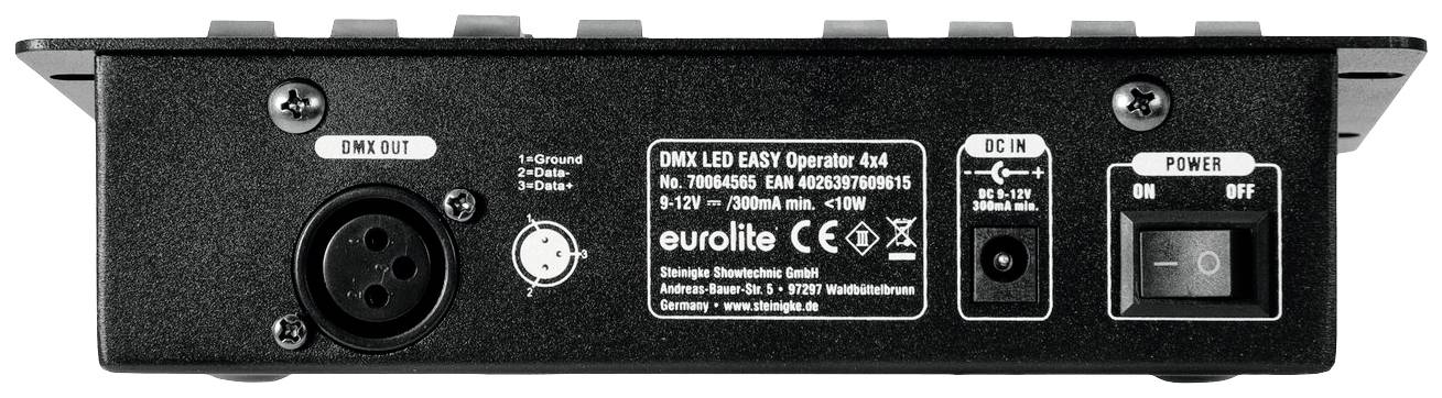 Zadní strana DMX LED ovladače s konektory: DMX výstup, síťový vstup (DC IN) a síťový vypínač (Power) s funkcí zapnutí/vypnutí.