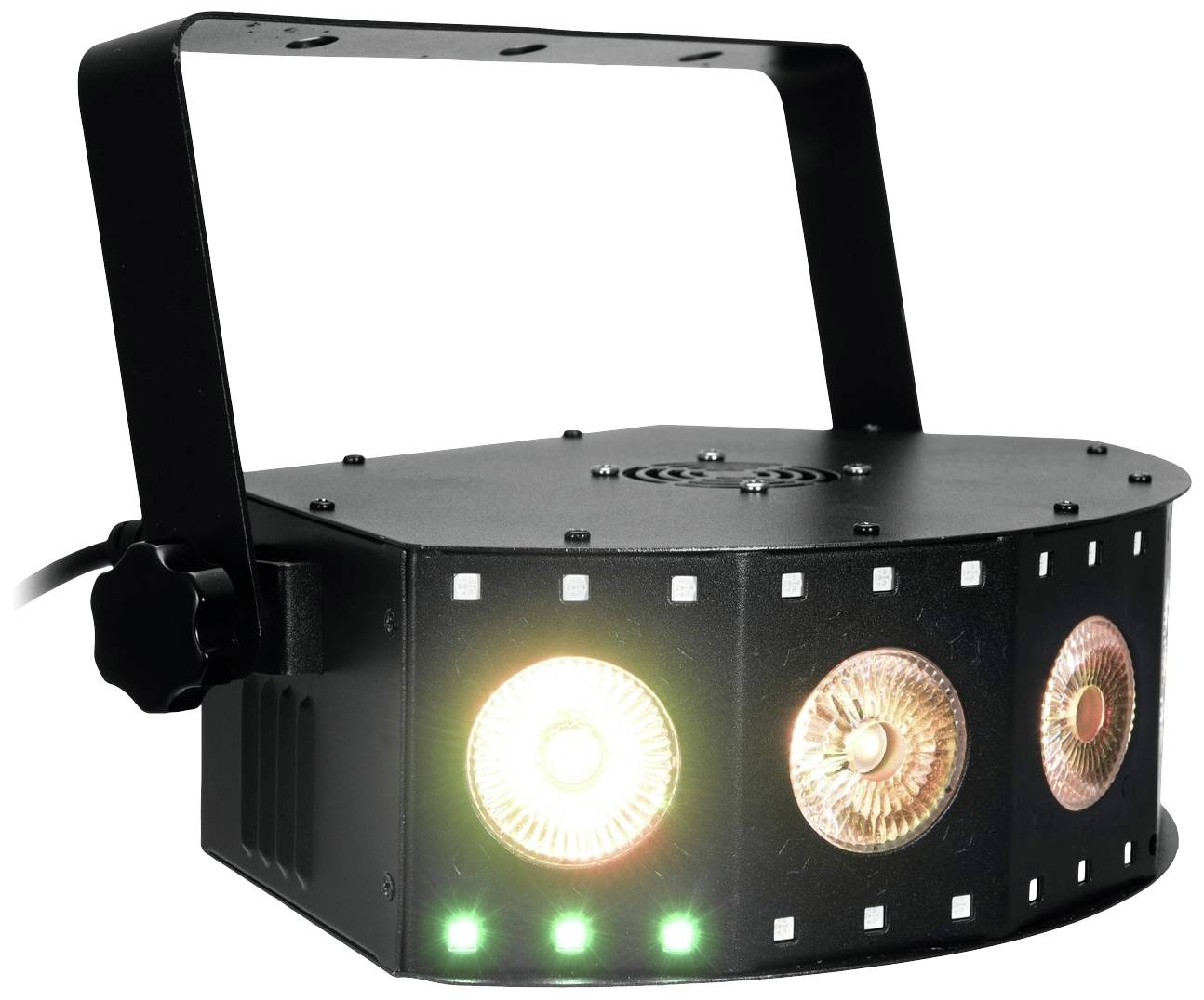 Černý LED světelný efektový reflektor se třemi kulatými světly a zeleným indikačním světlem, vhodný pro montáž na strop.