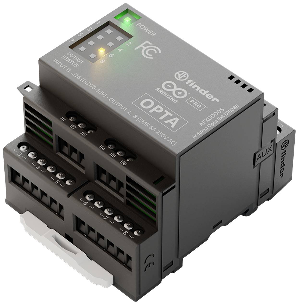 Průmyslové zařízení pro řízení elektrických systémů s přípojkami a kontrolkami na horní straně, s vytištěnými logotypy značky.