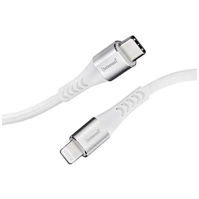 Nabíjecí kabel s konektory USB-C a Lightning v stříbrno-bílé barvě od značky 'Intenso', který vykazuje robustní konstrukční provedení pro připojení zařízení.