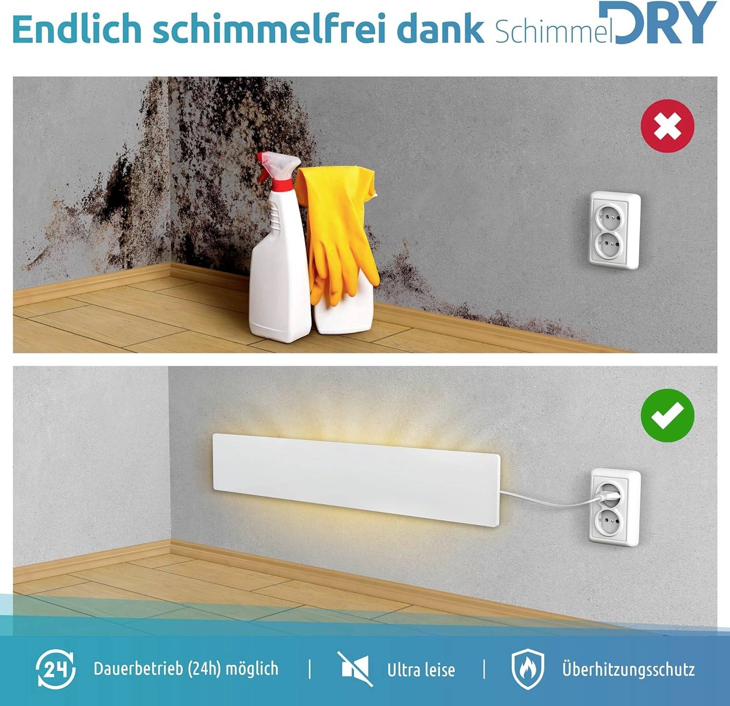 Nahoře: Plíseň na zdi s čisticími prostředky. Dole: Čistá zeď s topným panelem. Text: 'Konečně bez plísně díky Schimmel DRY'.