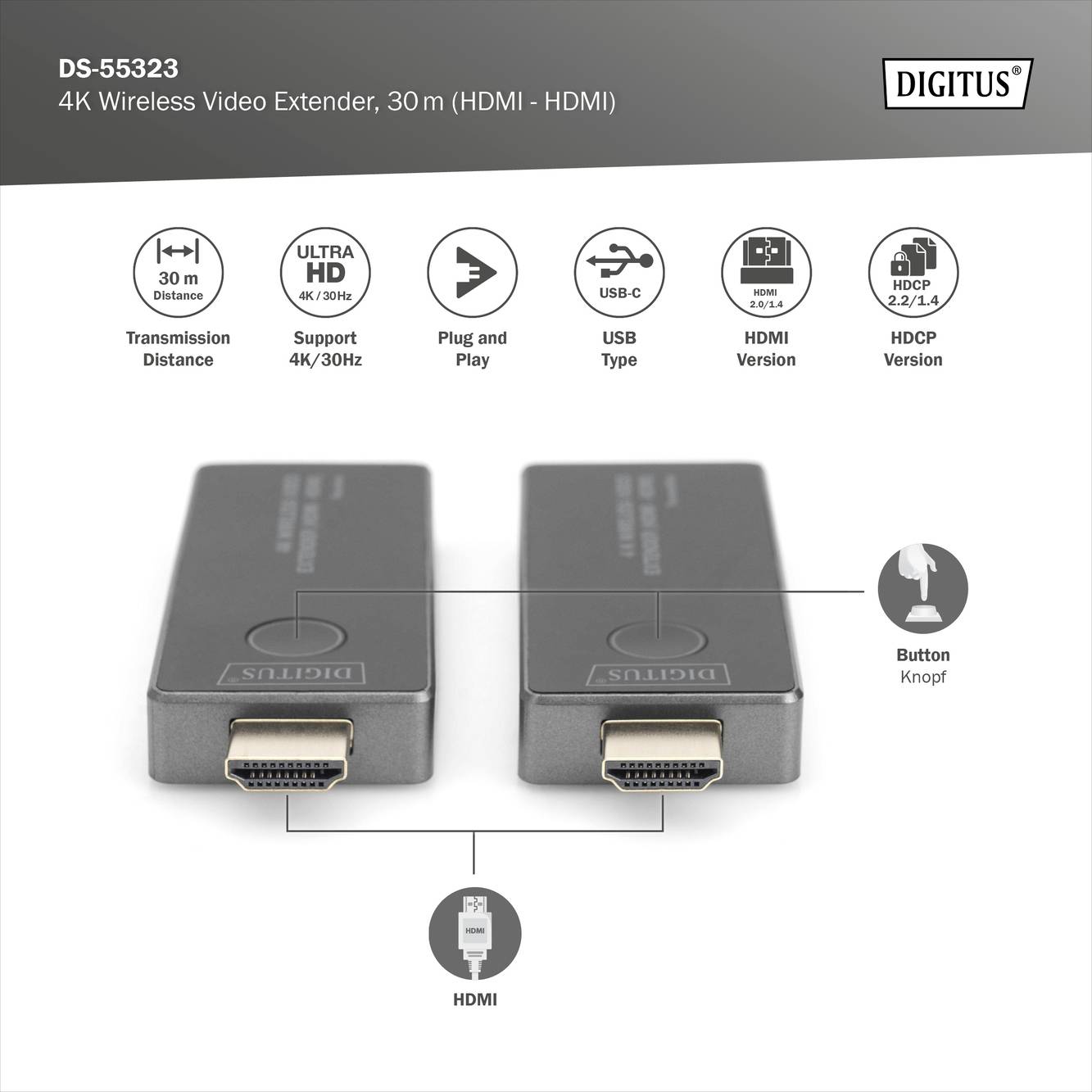 Digitus DS-55323 HDMI bezdrátový přenos (sada) 30 m 3840 x 2160 Pixel integrovaný LED ukazatel, mobilní varianta-4