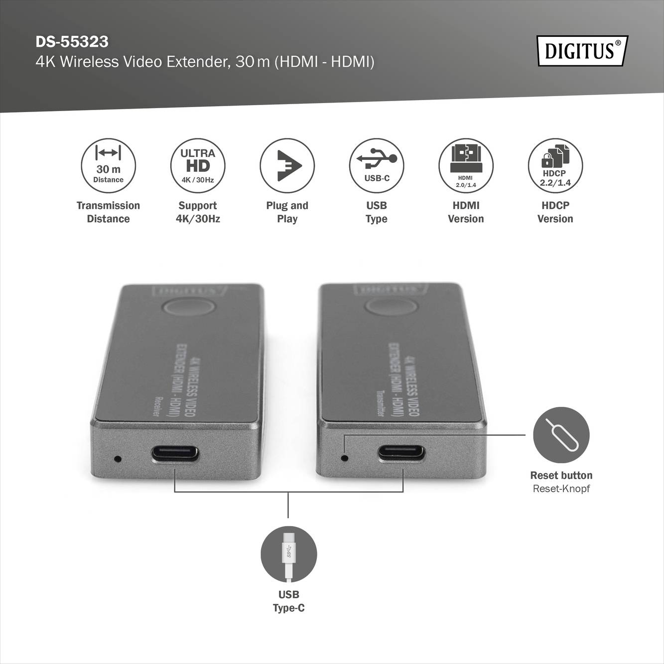 Digitus DS-55323 HDMI bezdrátový přenos (sada) 30 m 3840 x 2160 Pixel integrovaný LED ukazatel, mobilní varianta-5