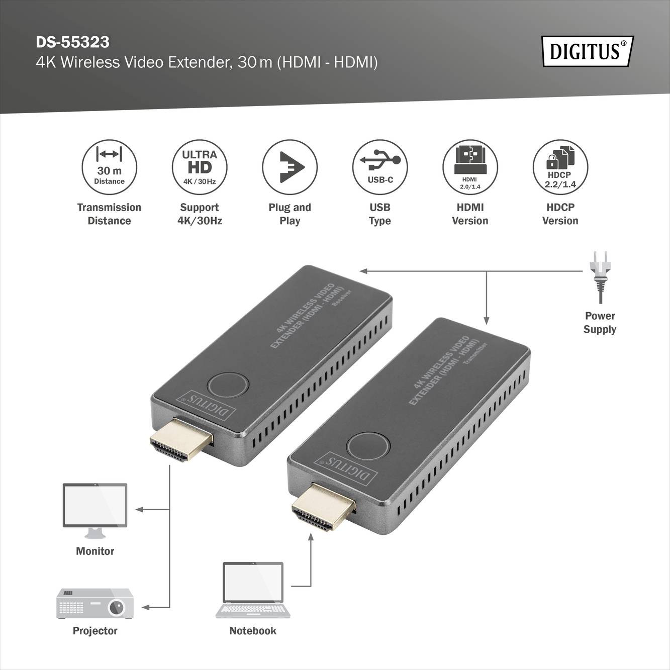 Digitus DS-55323 HDMI bezdrátový přenos (sada) 30 m 3840 x 2160 Pixel integrovaný LED ukazatel, mobilní varianta-6