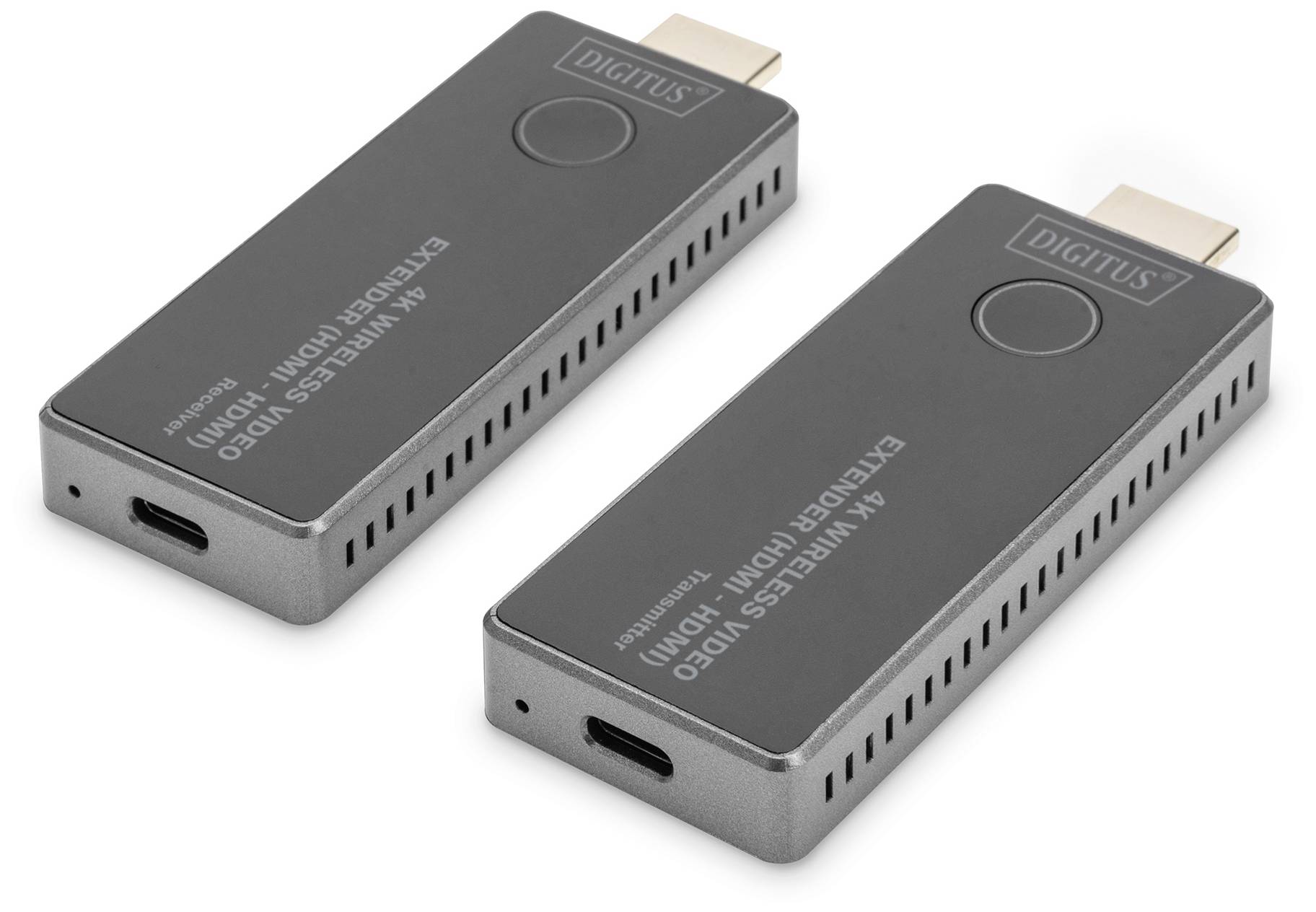 Dva černé bezdrátové HDMI vysílače s USB-C portem a logem 'DIGITUS', určené pro bezdrátový přenos videa mezi zařízeními.