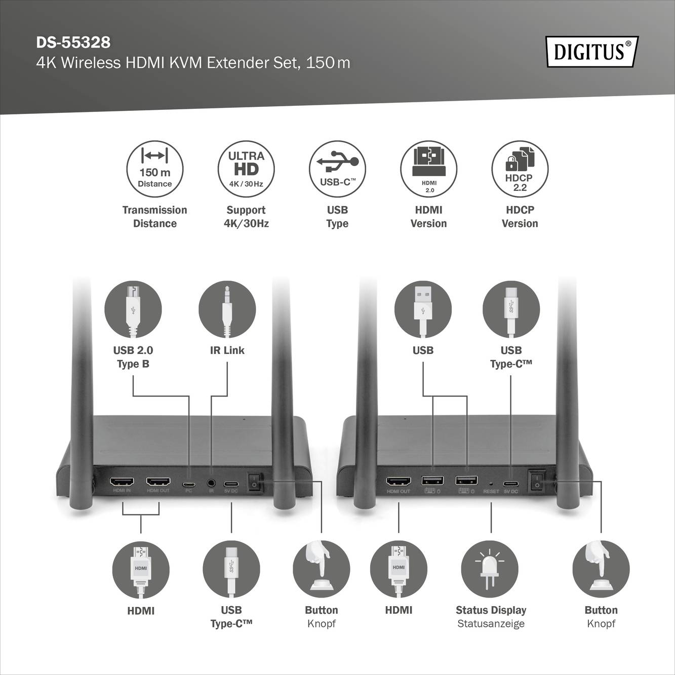Digitus DS-55328 HDMI bezdrátový přenos (sada) 150 m 3840 x 2160 Pixel 4cestný multiprohlížeč, Digital Whiteboard-Funkti-4