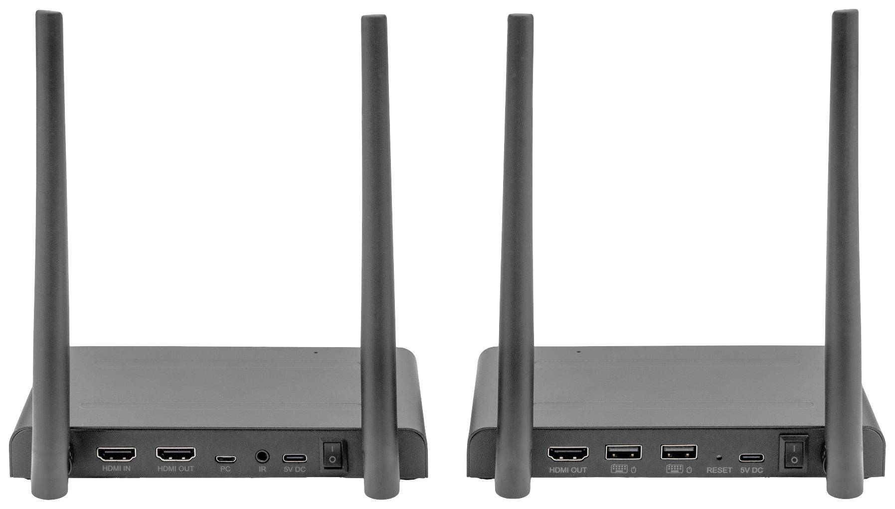 Dva černé síťové přístroje vedle sebe, každý se dvěma anténami směřujícími nahoru. Zadní strana s HDMI, USB a síťovými přípojkami.