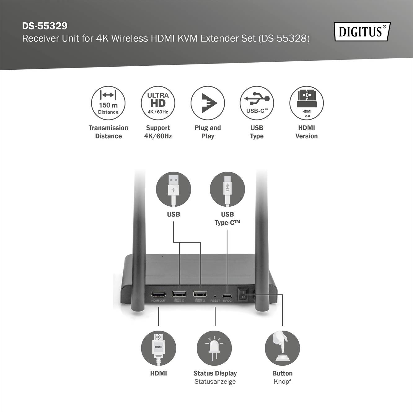 Digitus DS-55329 HDMI bezdrátový přijímač 150 m 3840 x 2160 Pixel 4cestný multiprohlížeč, Digital Whiteboard-Funktion, p-4
