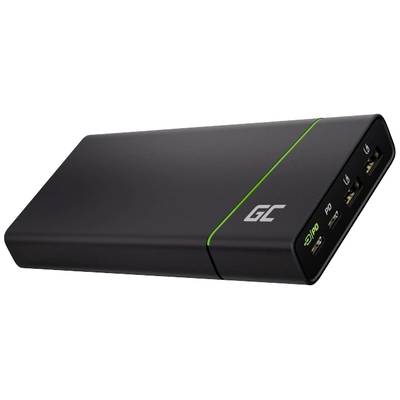 Černá powerbanka se zeleným LED světlem a dvěma USB porty a jedním USB-C portem.