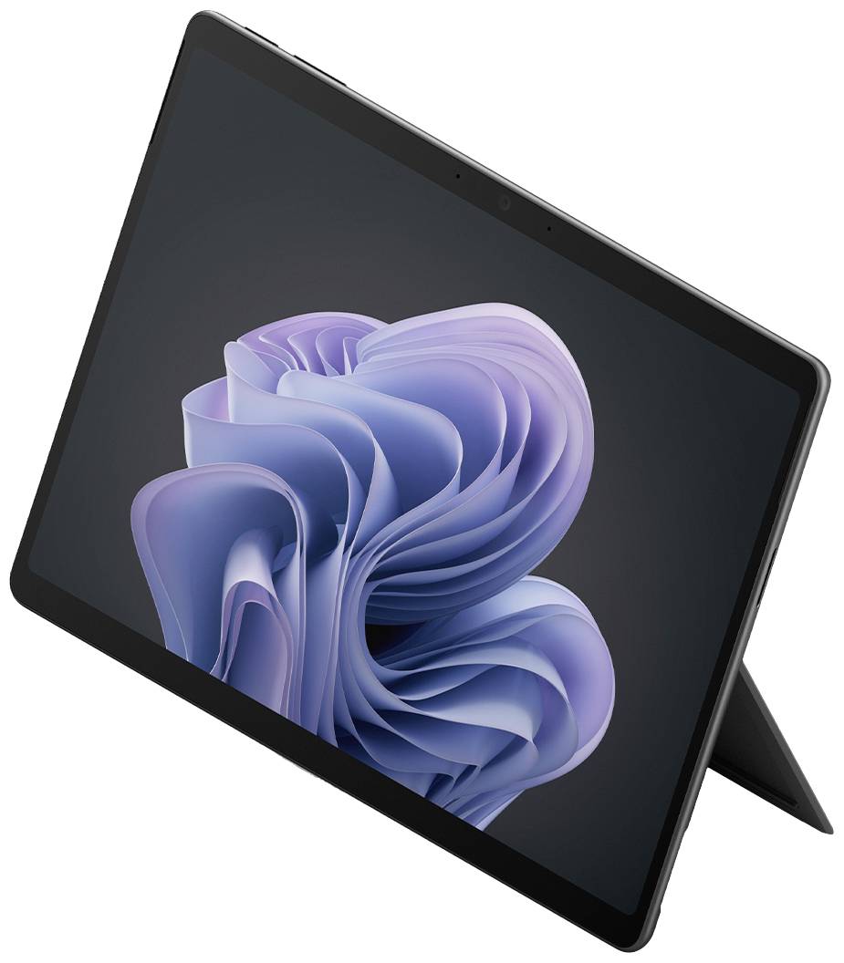 Obrázek zobrazuje tablet umístěný v šikmém úhlu, jehož obrazovka ukazuje abstraktní pozadí v modrofialovém odstínu.