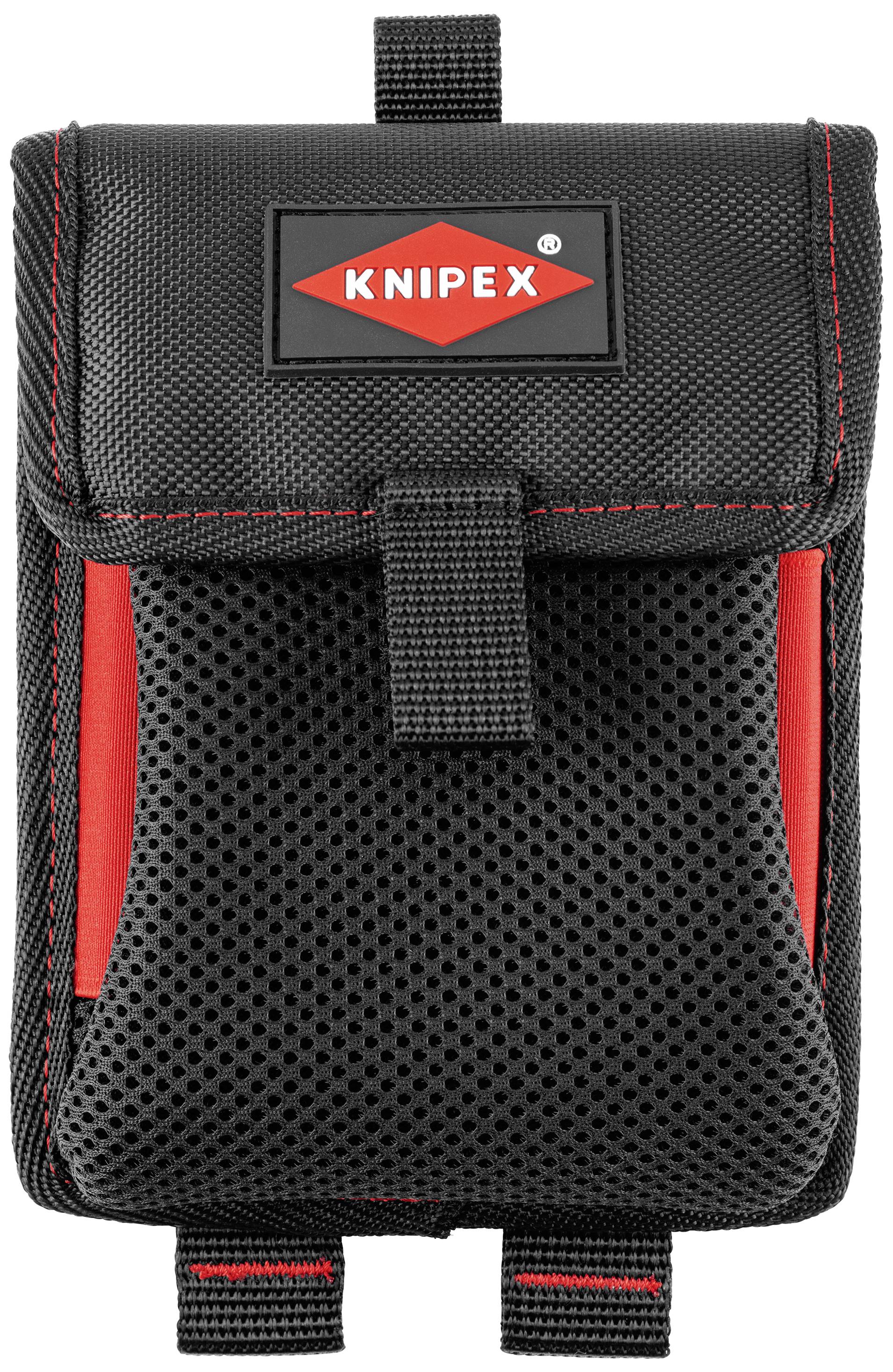 Černá a červená taška na nářadí Knipex s uzávěrem na suchý zip a poutky na opasek, vhodná pro uskladnění nářadí.
