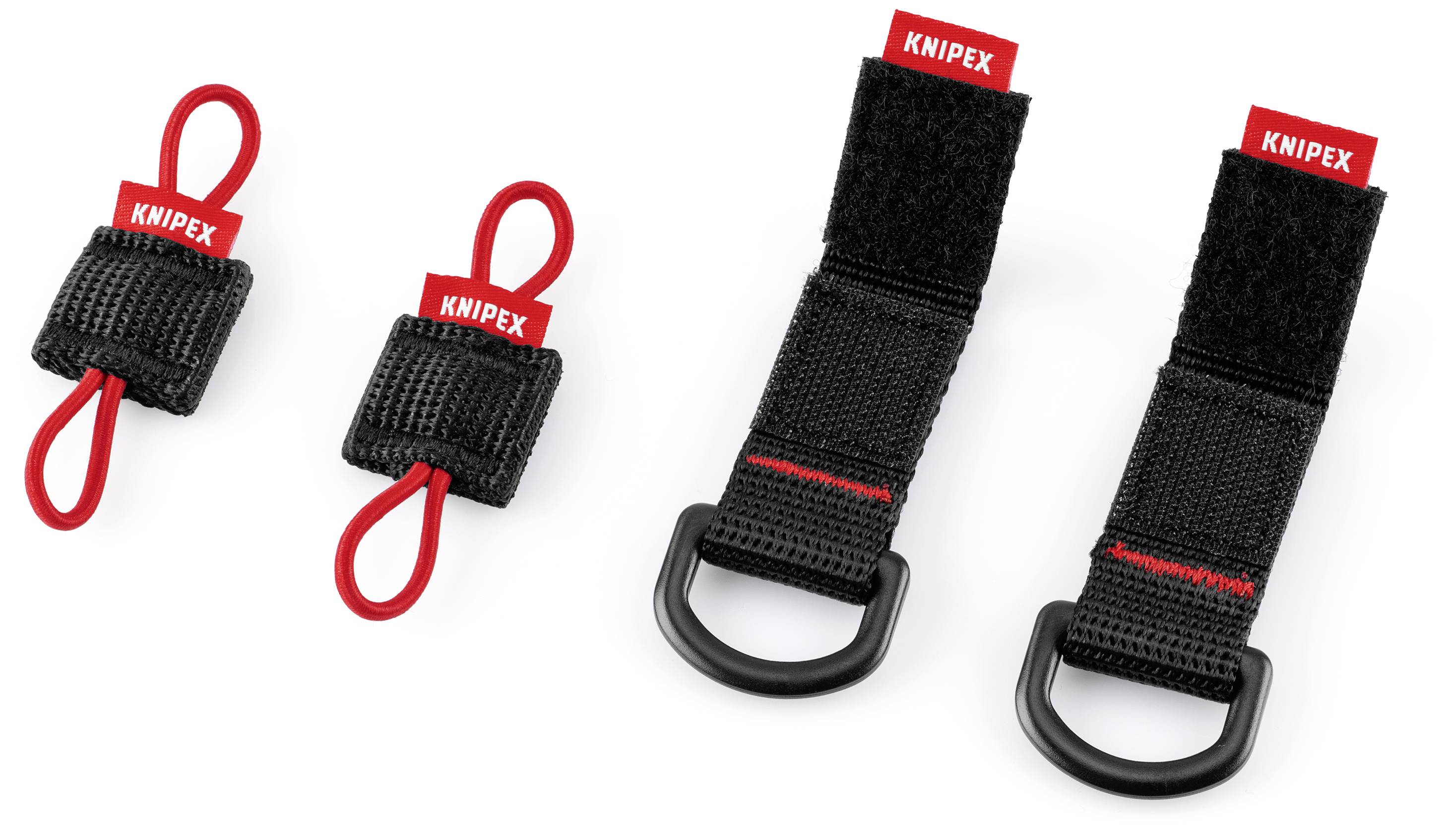 Dvě červené smyčky se suchým zipem a dvě černé spony, každá s červeným logem 'Knipex' nahoře, na bílém pozadí.