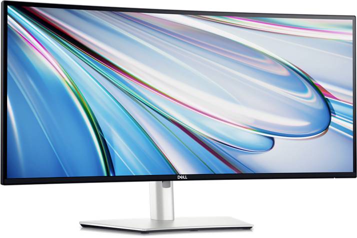 Široký monitor Dell s abstraktním modrým a bílým pozadím, který vypadá moderně a elegantně.