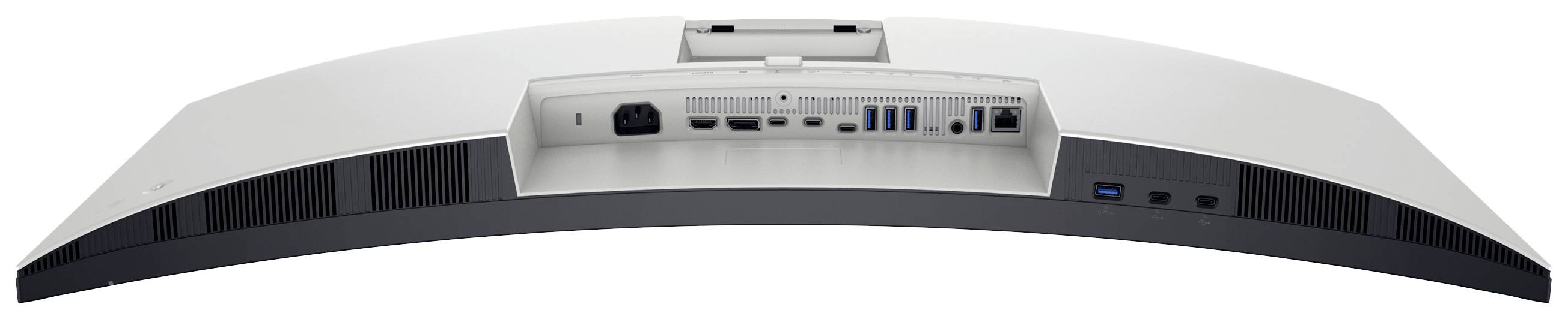Pohled zezadu na zakřivený monitor ukazuje konektory, včetně USB, HDMI a audio, umístěné v centrálním ovládacím panelu.