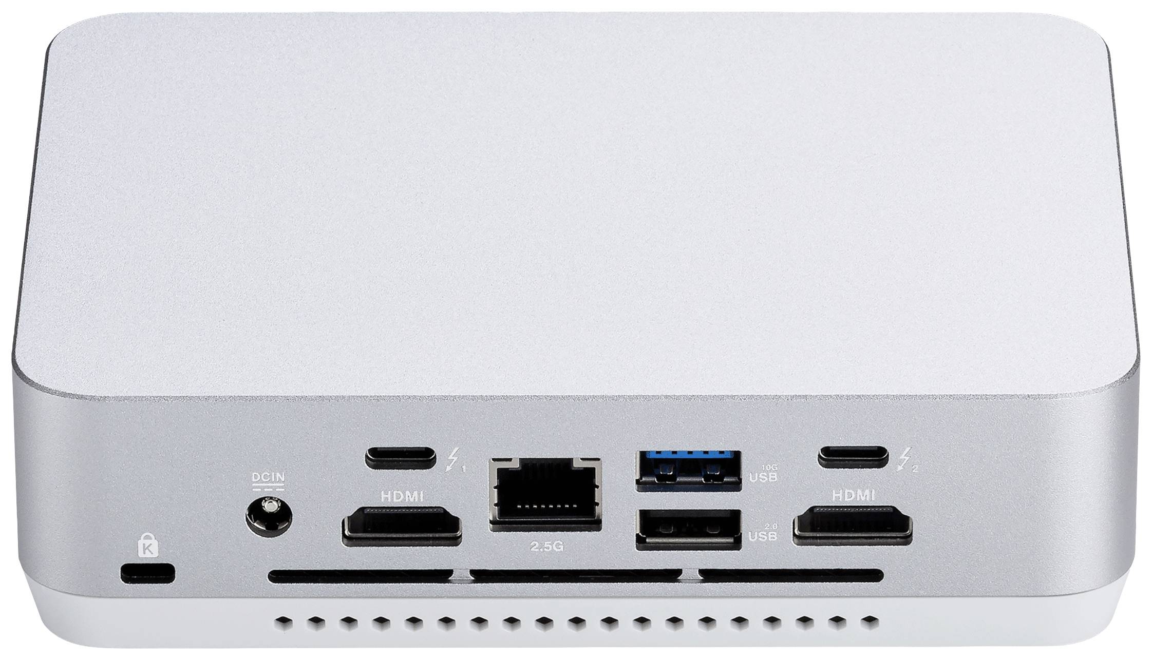 Stříbrná dokovací stanice s připojením: dva HDMI porty, Ethernet, USB-C, USB-A a napájecí konektor. Přední strana zobrazuje větrací štěrbiny.