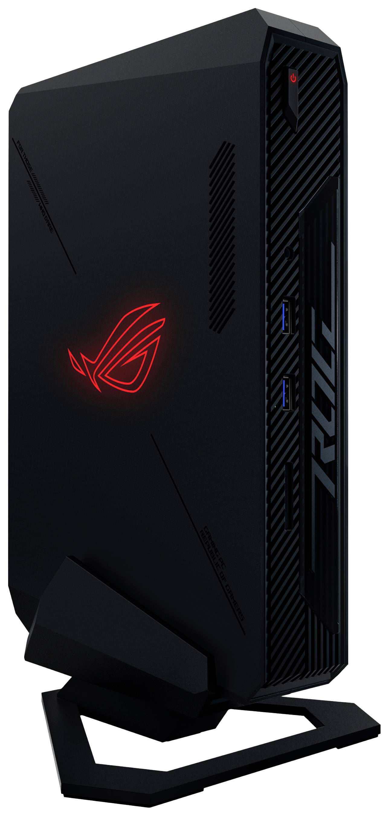 Černě-červená herní skříň s osvětleným logem, stojící vzpřímeně, zobrazující dva USB porty vpředu. Moderní design.