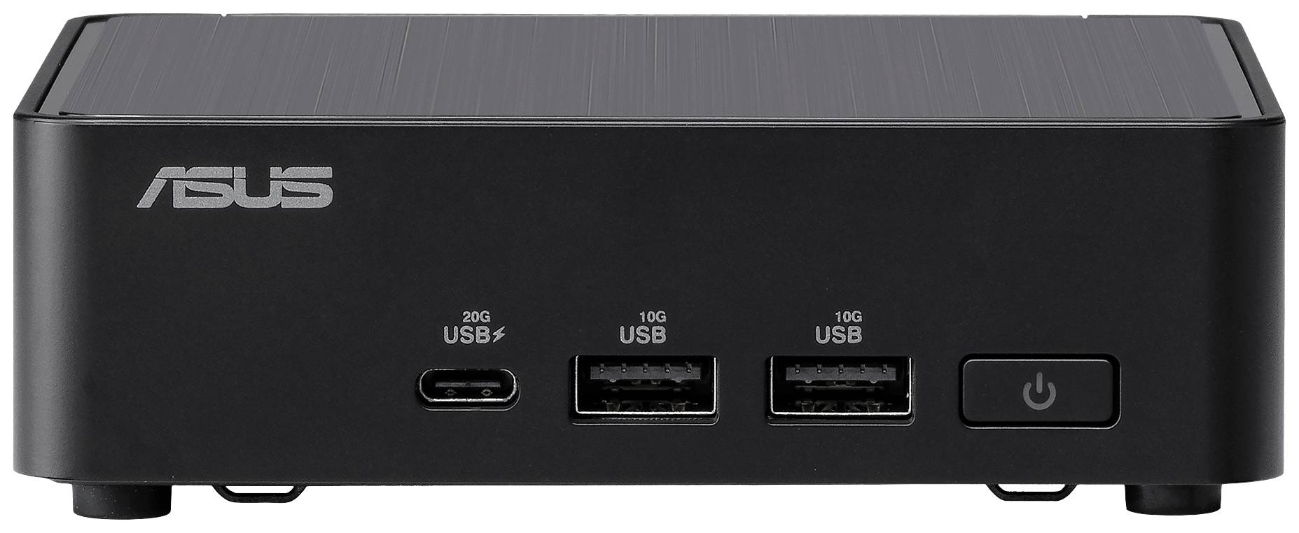 Černý mini počítač ASUS se dvěma USB porty, jedním USB-C portem a zapínacím tlačítkem na přední straně.