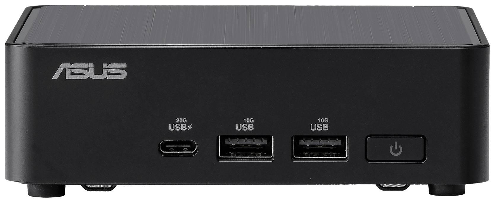 Mini počítač ASUS s černým krytem. Na přední straně jsou dva USB porty, jeden USB-C port a tlačítko napájení.