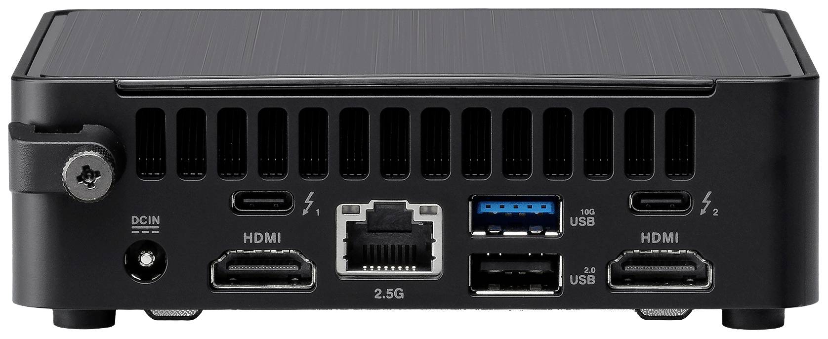 Zadní strana mini počítače s konektory: dva HDMI, Ethernet, dva USB-C, dva USB-A a napájecí konektor. Větrací mřížka nahoře.