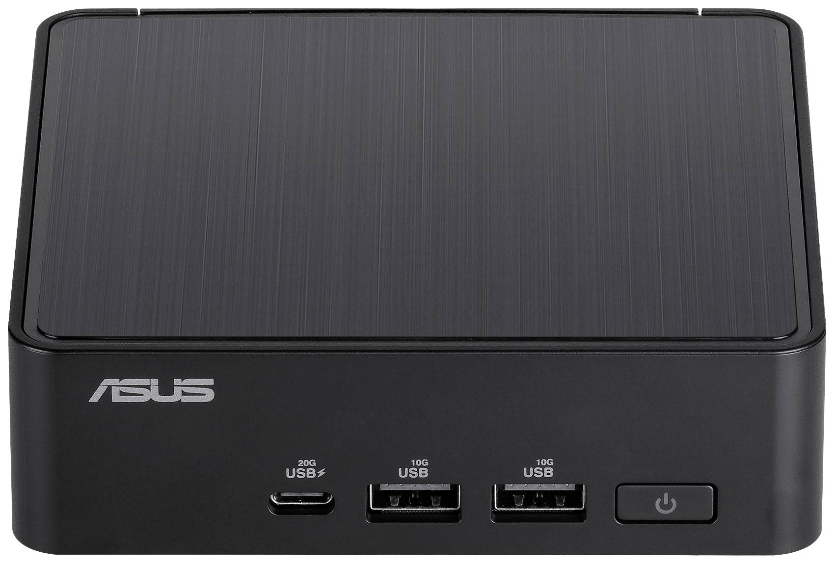 Černý mini-počítač s logem 'ASUS', dvěma USB porty, jedním USB-C portem a vypínačem na přední straně.