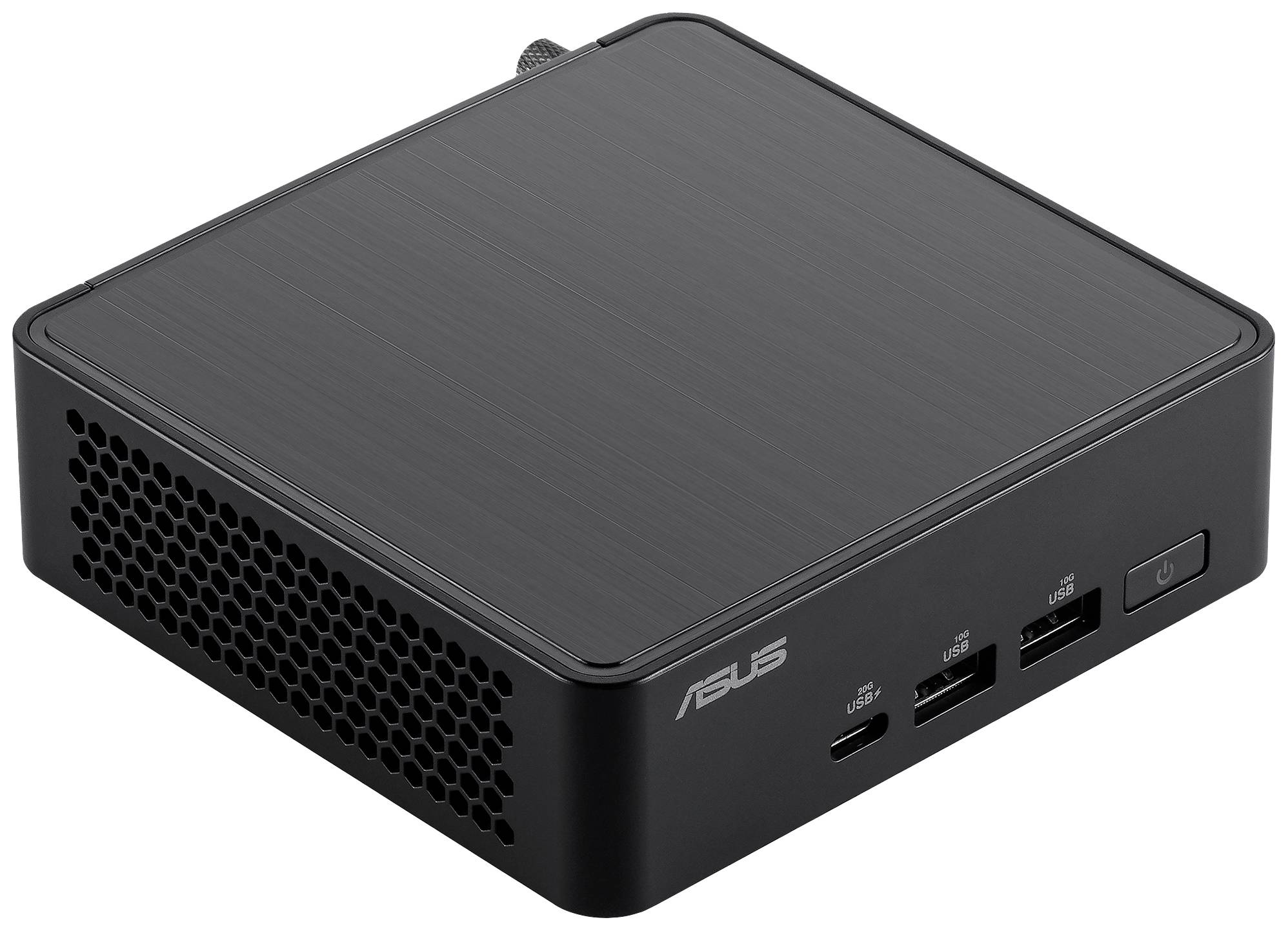 Černý mini počítač od ASUSu s několika USB porty na přední straně a větracím otvorem na boku.