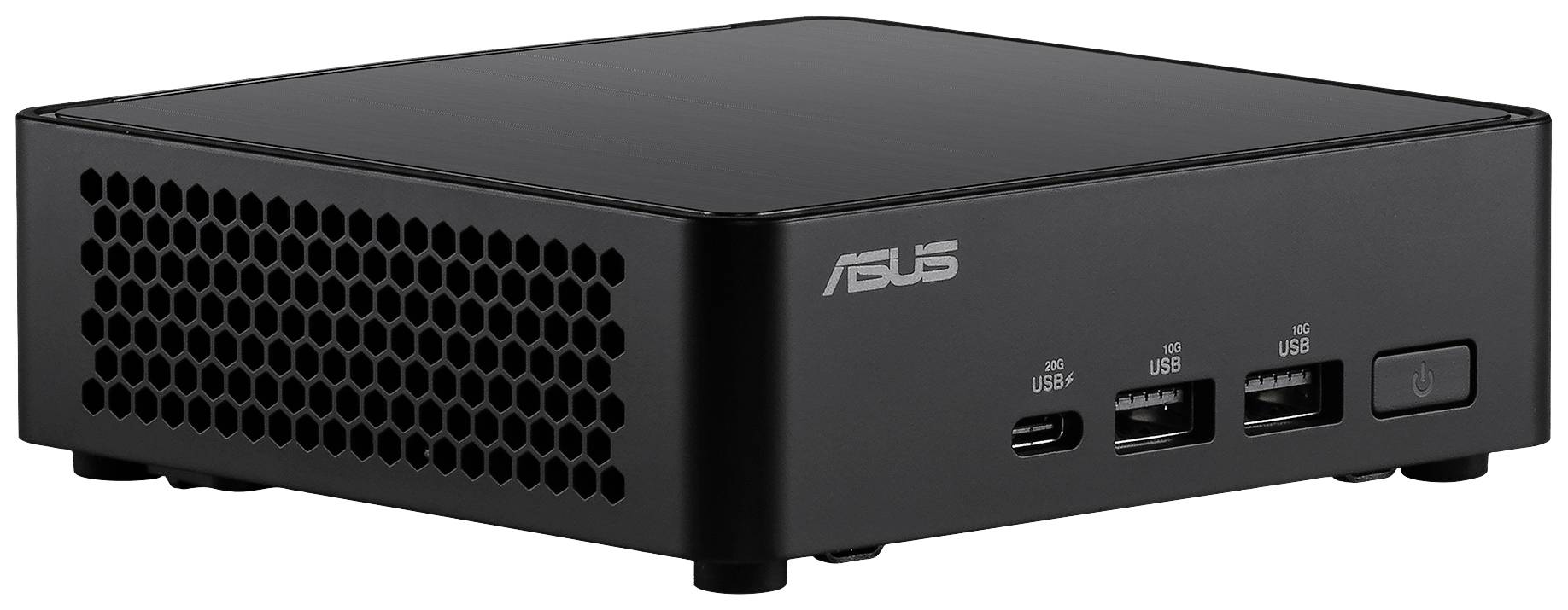 Kompaktní černý počítač s logem ASUS, větrací mřížkou, USB porty a vypínačem, vhodný pro všestranné použití.
