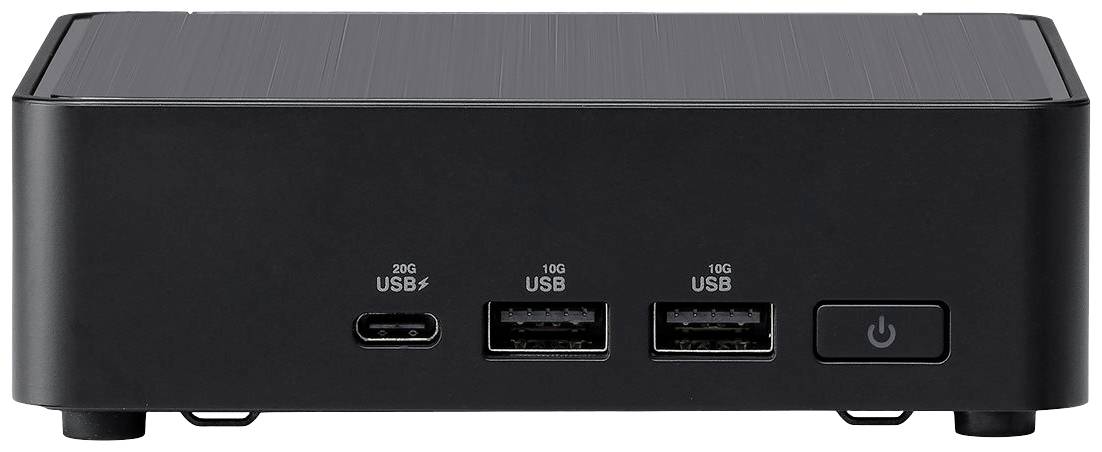 Černá počítačová skříň se dvěma USB porty, jedním USB-C portem a síťovým vypínačem na přední straně.