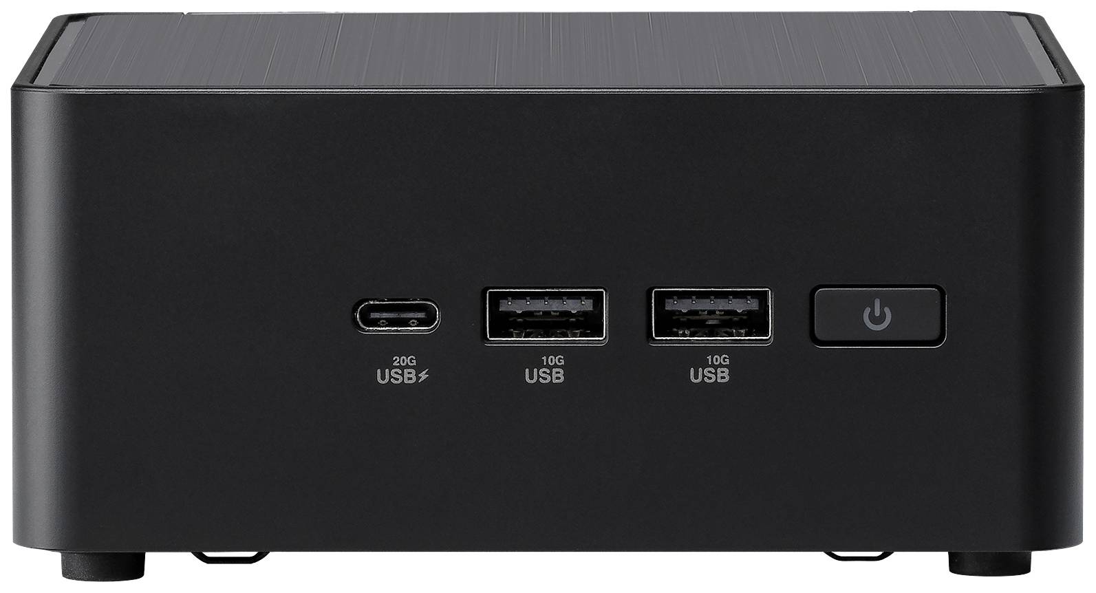 Černý mini-počítač s USB porty a vypínačem na přední straně.