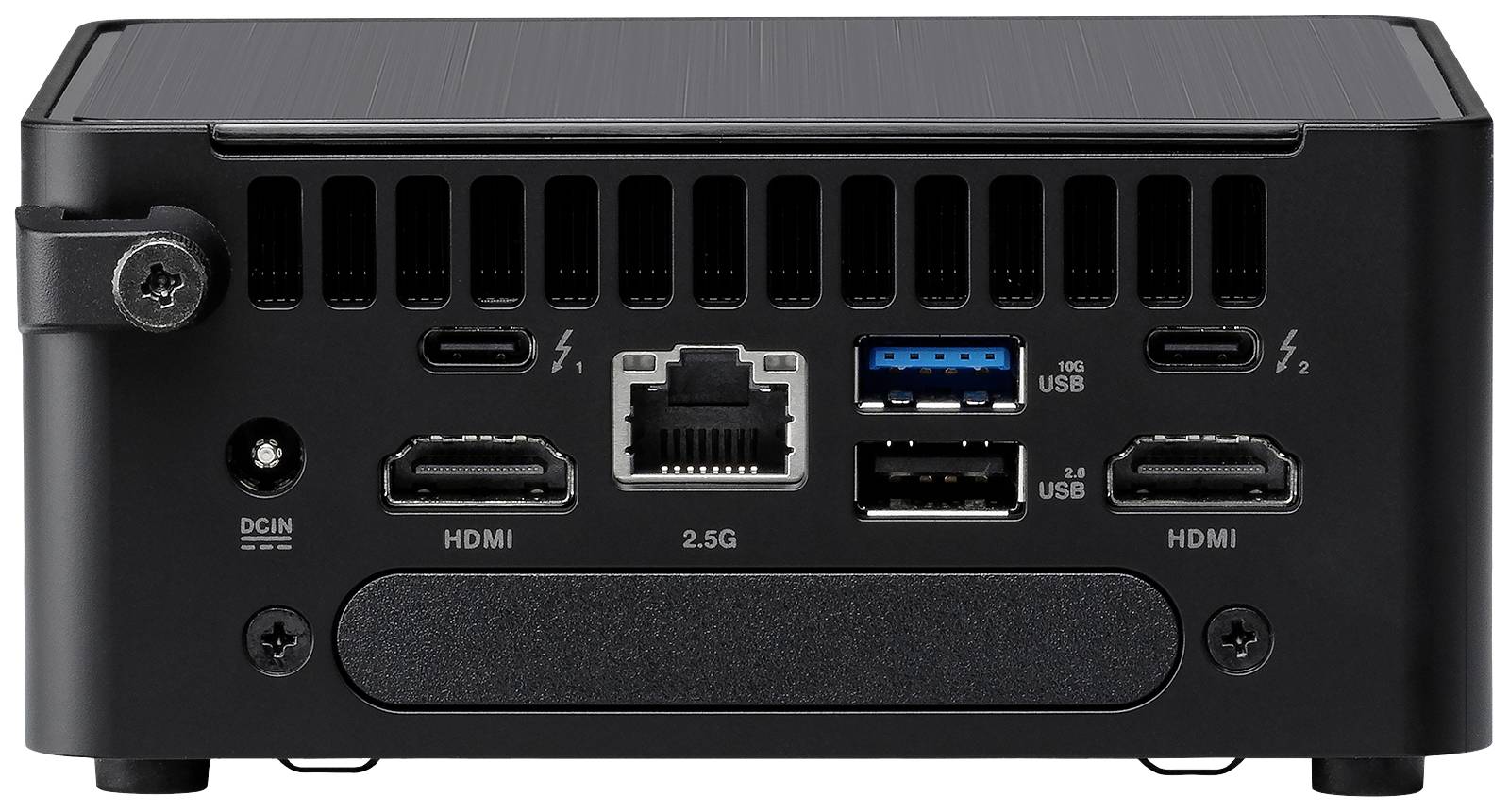 Pohled zezadu na černý mini počítač ukazuje konektory: dva HDMI, dva USB-C, tři USB, jeden ethernetový port a jeden DC vstup.