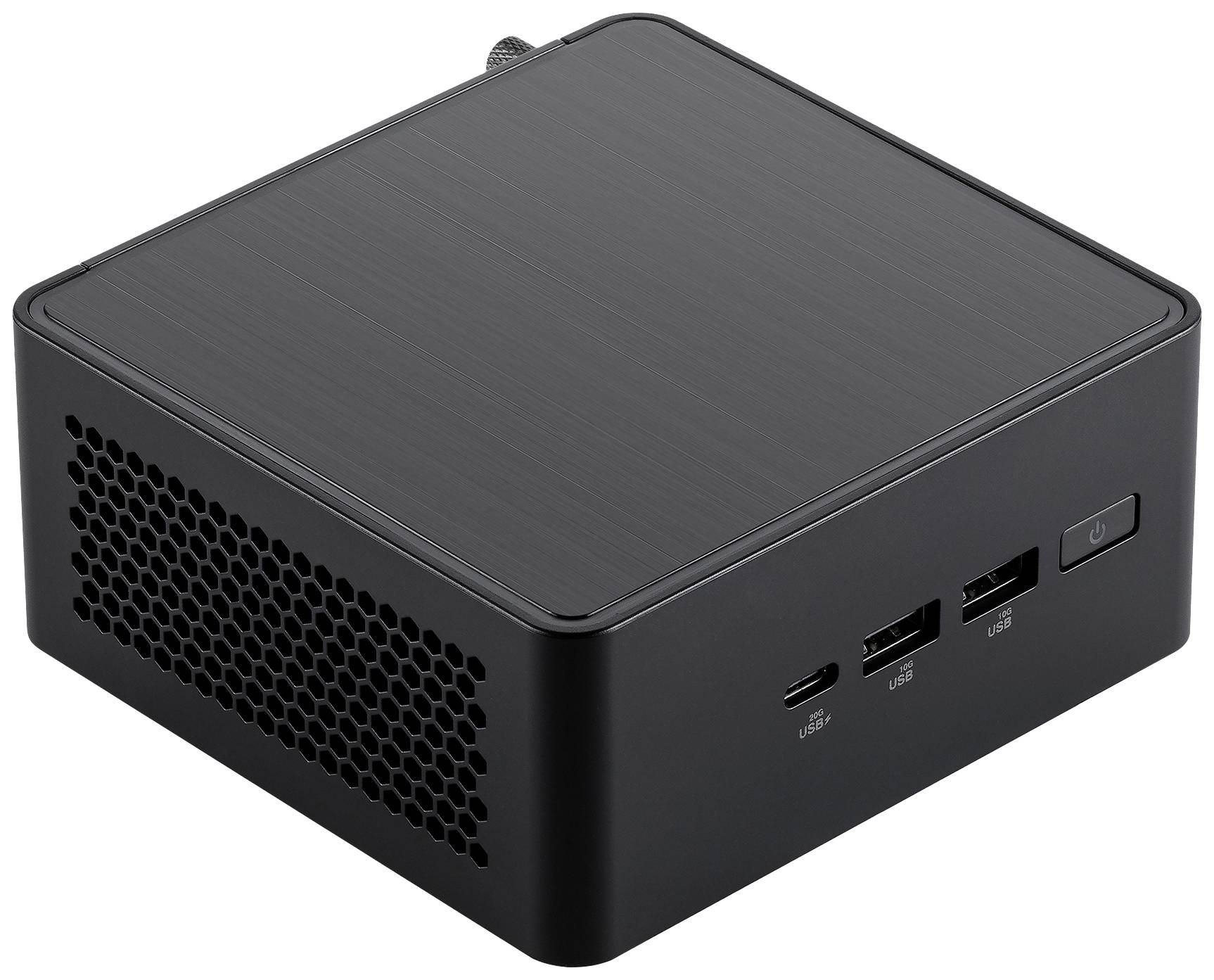 Černý mini počítač s větracími otvory. Přední strana ukazuje dva USB porty, jeden USB-C port a síťový vypínač.