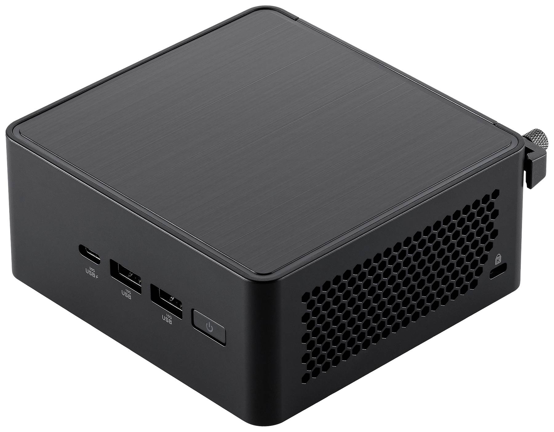 Kompaktní černý mini počítač s několika USB porty po straně. Kryt má vzhled kartáčovaného kovu.