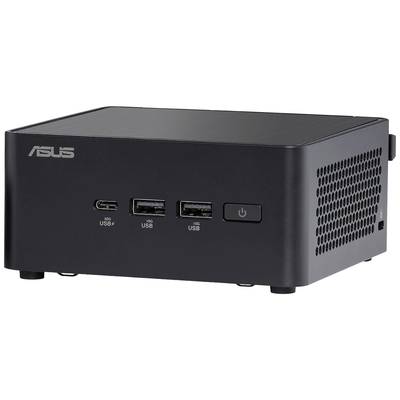 Kompaktní černý počítač od ASUSu se dvěma USB porty a jedním USB-C portem na přední straně.
