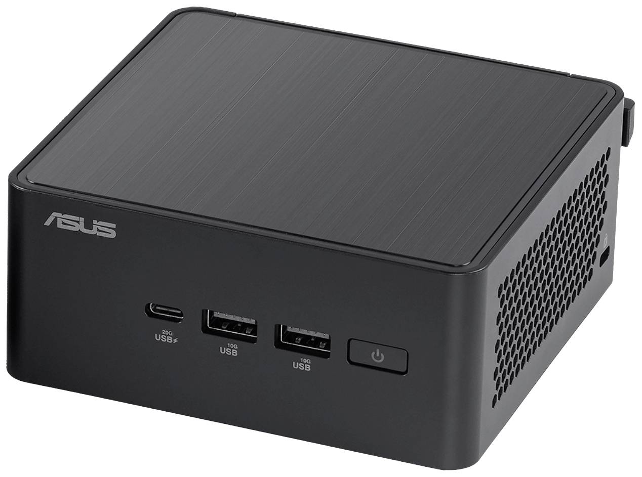 Malý černý mini počítač ASUS se dvěma USB porty, jedním USB-C portem a síťovým vypínačem na přední straně.