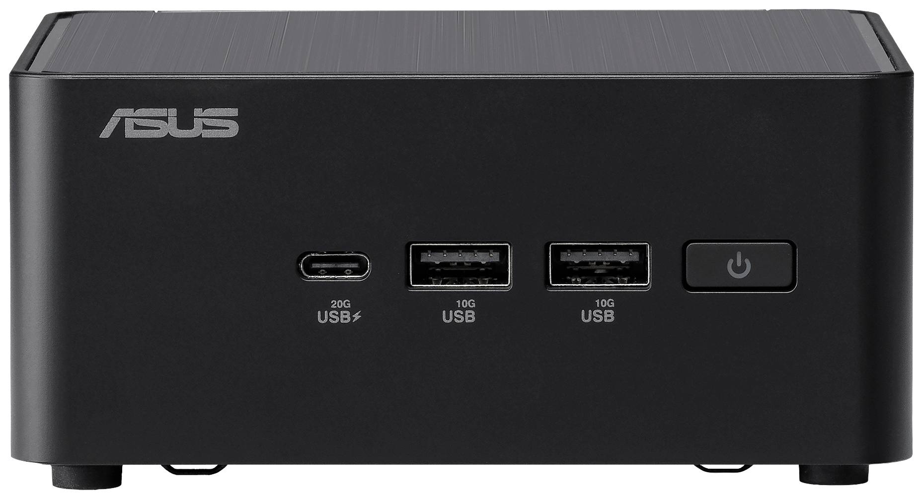 Černý, obdélníkový mini počítač od ASUSu se třemi USB porty a síťovým vypínačem na přední straně.