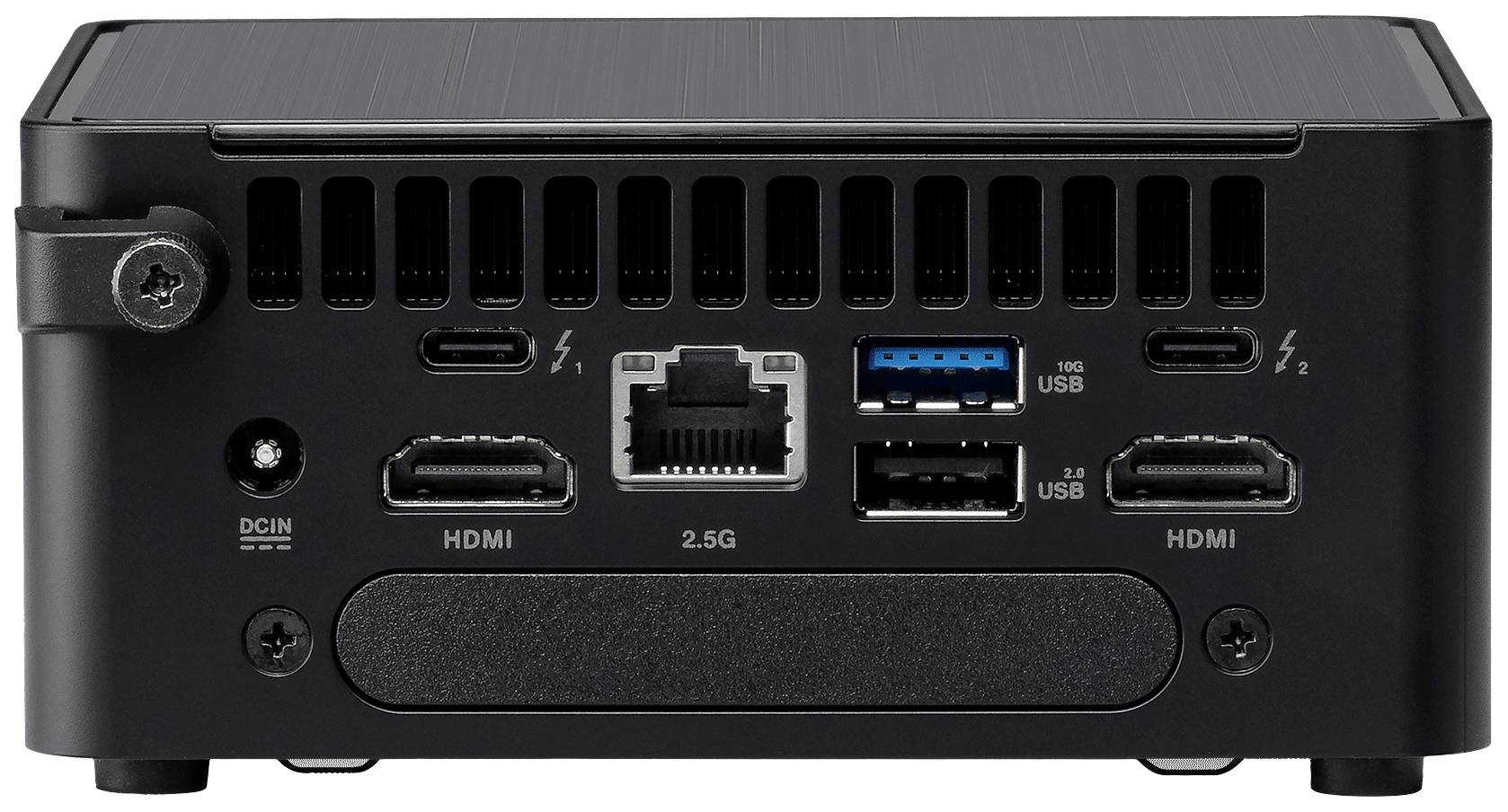 Zadní pohled na černý mini počítač s různými porty: dva HDMI vstupy, ethernetový port, napájecí konektor, čtyři USB porty a dva Thunderbolt porty.