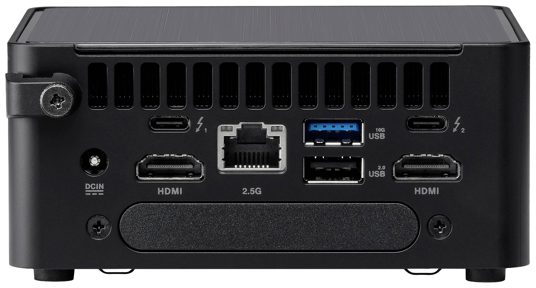 Pohled zepředu na černý počítačový mini-PC s konektory: dva HDMI, USB, Thunderbolt, Ethernet a napájecí konektor.
