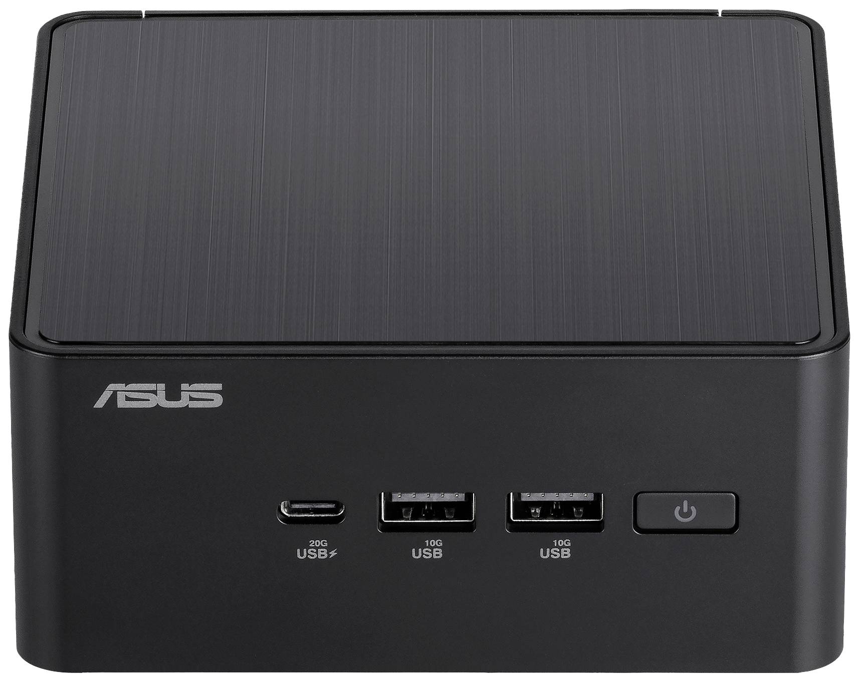 Černý mini počítač s logem ASUS, dvěma USB porty, jedním USB-C portem a síťovým vypínačem na přední straně.