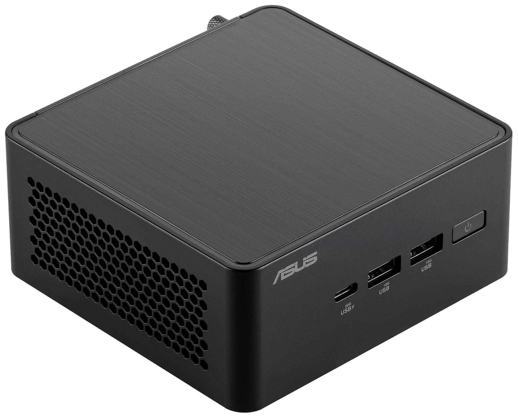 Černý mini počítač s bočními větracími štěrbinami, USB a HDMI porty a vypínačem. Kompaktní a moderně navržený.