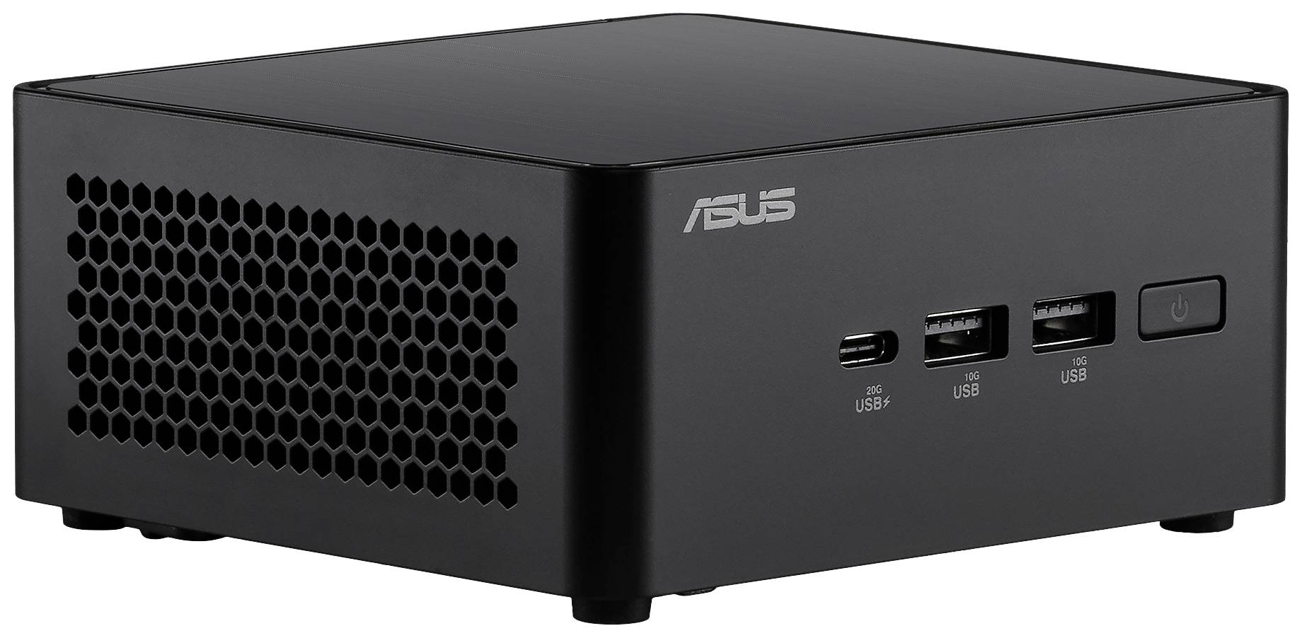 Černý, čtvercový mini počítač od ASUS s větracími mřížkami na bocích a USB porty vpředu.