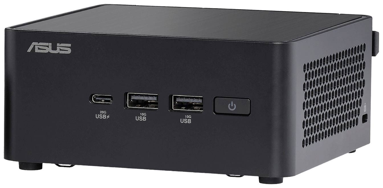 Černý ASUS mini počítač se třemi USB porty a tlačítkem napájení na přední straně, s větracími otvory po stranách.
