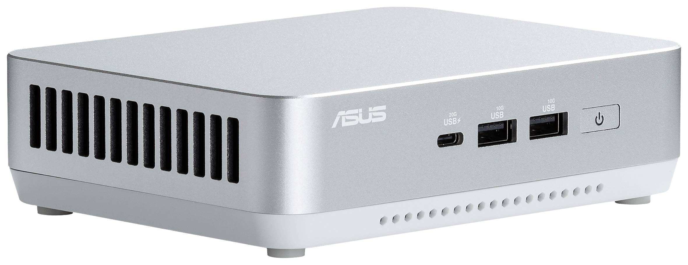 Stříbrný, obdélníkový minipočítač s větracími otvory, dvěma USB porty a vypínačem na přední straně.